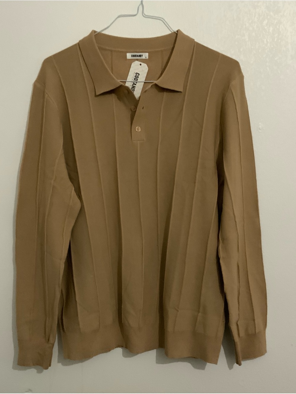 Coofandy Long-Sleeve Ribbed Polo Sweater in Camel